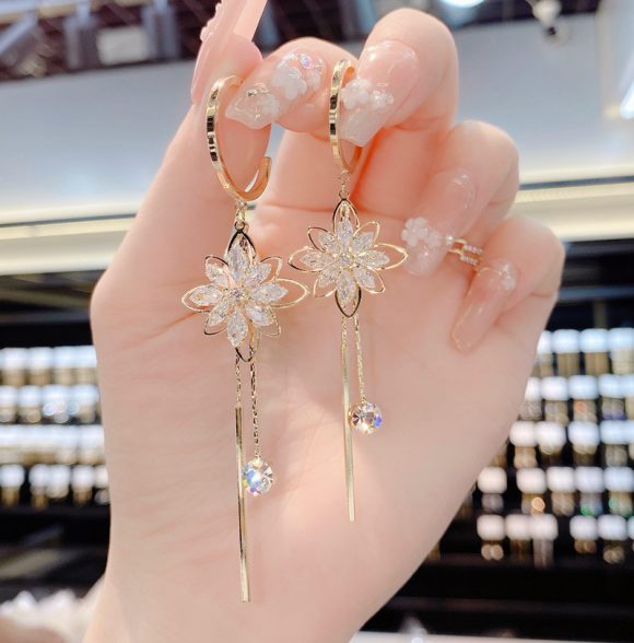 Korean Style Zircon Flower Long Tassel Earrings